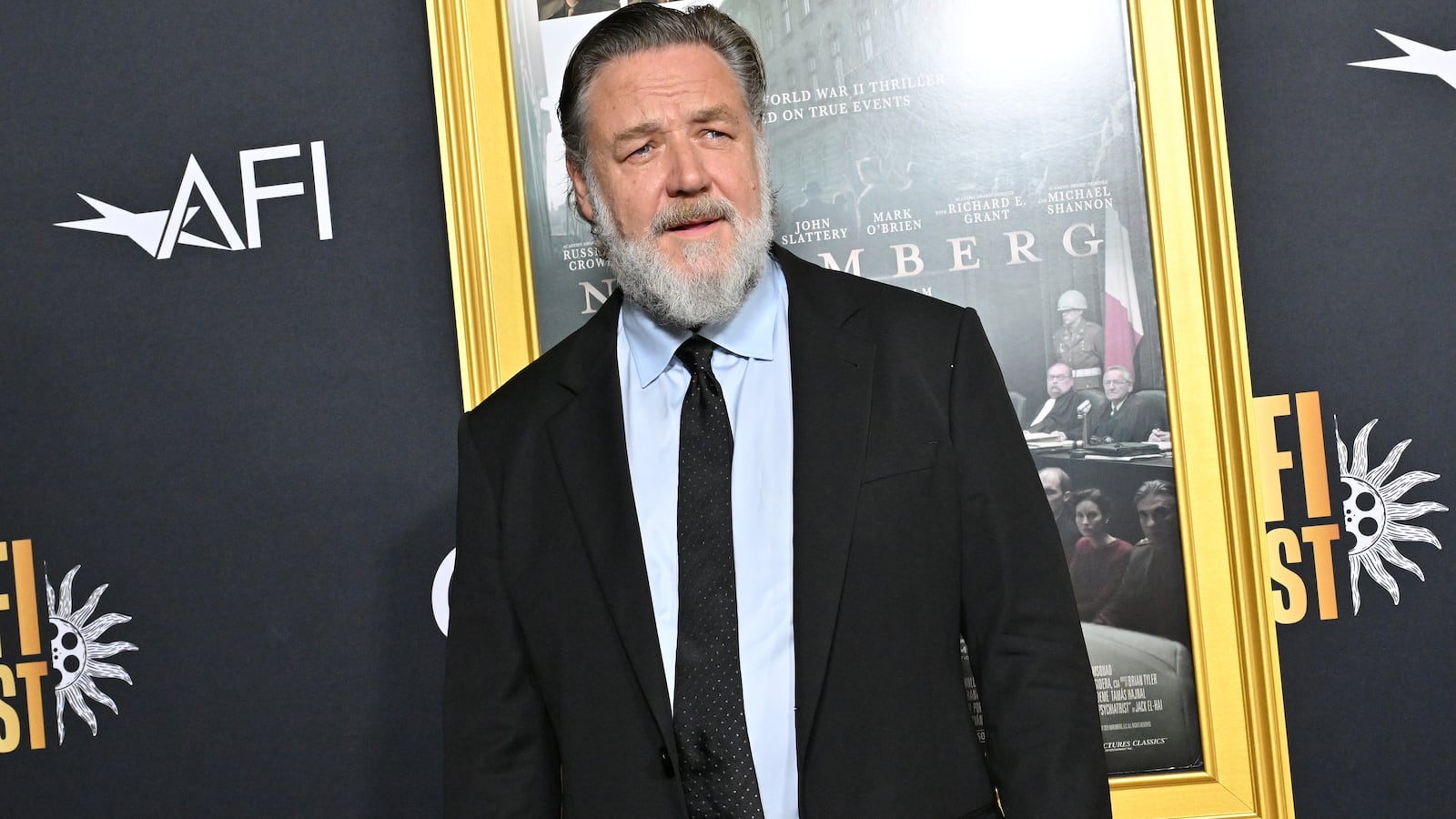 Russell Crowe attends premiere of his film Nuremberg in October.