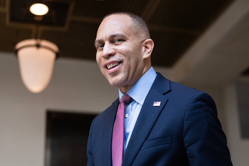 UNITED STATES - NOVEMBER 6: House Minority Leader Hakeem Jeffries, D-N.Y., is seen in the Capitol Visitor Center before making remarks to reporters about the retirement announcement by Rep. Nancy Pelosi, D-Calif., on Thursday, November 6, 2025. (Tom Williams/CQ-Roll Call, Inc via Getty Images)
