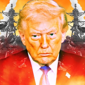 A photo illustration of Donald Trump surrounded by fighter jets and US Navy ships launching missiles.