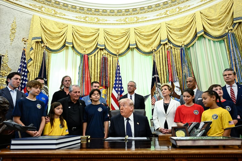 President Donald Trump ranted about Iran while surrounded by a group of children in the Oval Office on May 5, 2026.