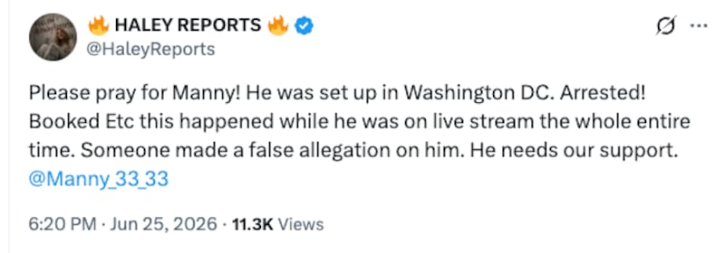 Please pray for Manny! He was set up in Washington DC. Arrested! Booked Etc this happened while he was on live stream the whole entire time. Someone made a false allegation on him. He needs our support. 
@Manny_33_33