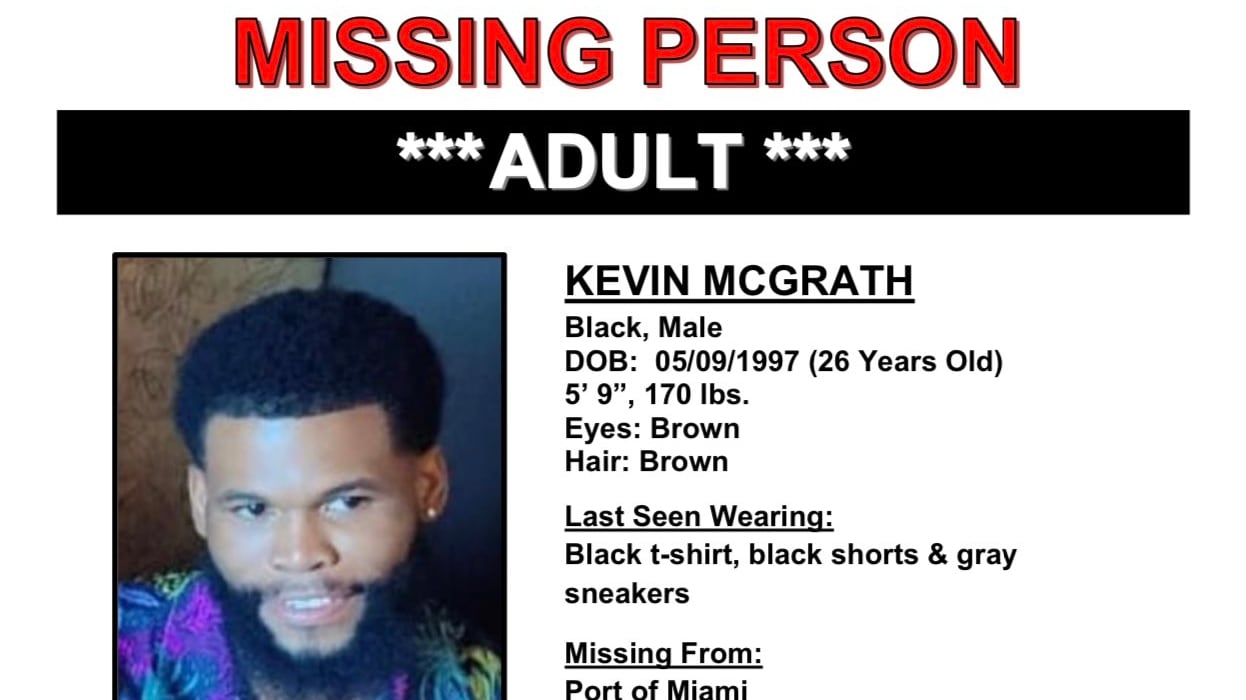 Missing person notice for Kevin McGrath, 26, who disappeared during a cruise between the Bahamas and Florida.