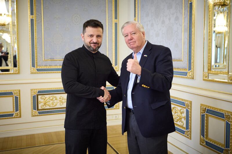 Ukraine's President Volodymyr Zelenskyy meets with U.S. Senator Lindsey Graham.