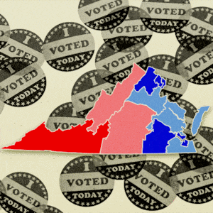Congressional maps of Virginia in front of voting stickers