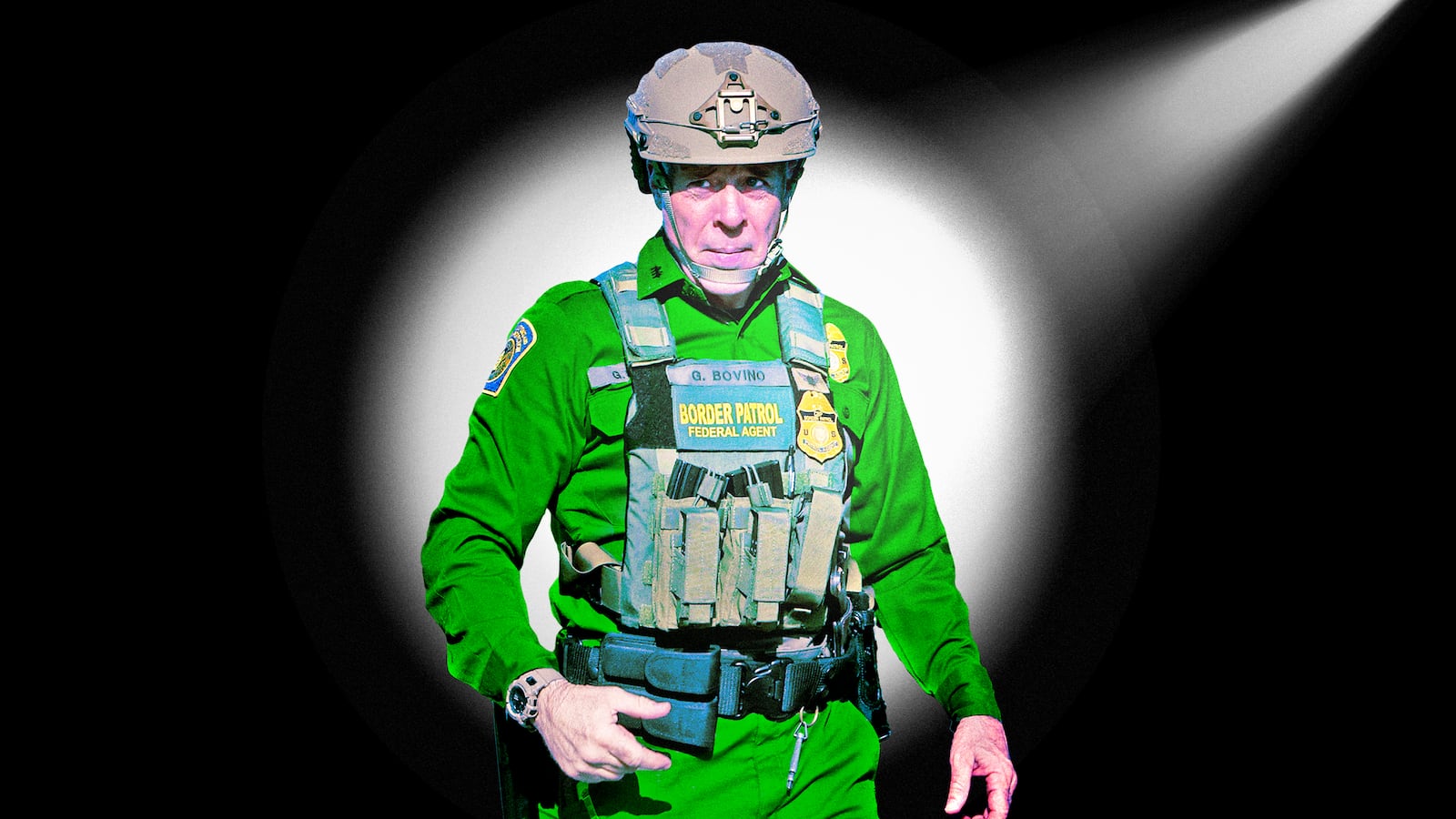 A photo illustration of Border Patrol Cmdr. Gregory Bovino in a spotlight.