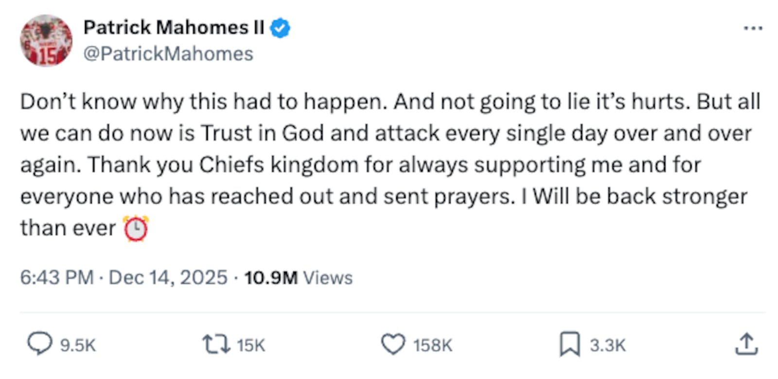 Patrick Mahomes posted a statement to X after his painful injury during a Dec. 14, 2025, home game.