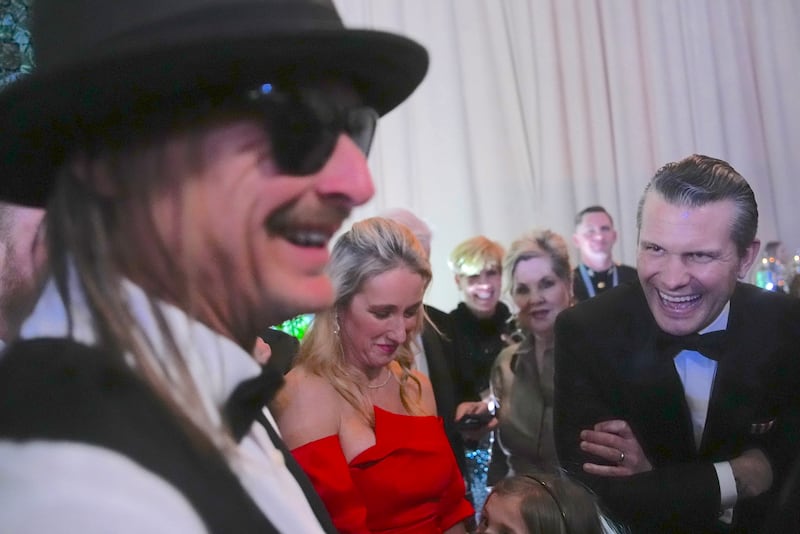 Kid Rock talks with Pete Hegseth at the Commander-in-Chief Ball on January 20, 2025 in Washington, DC.
