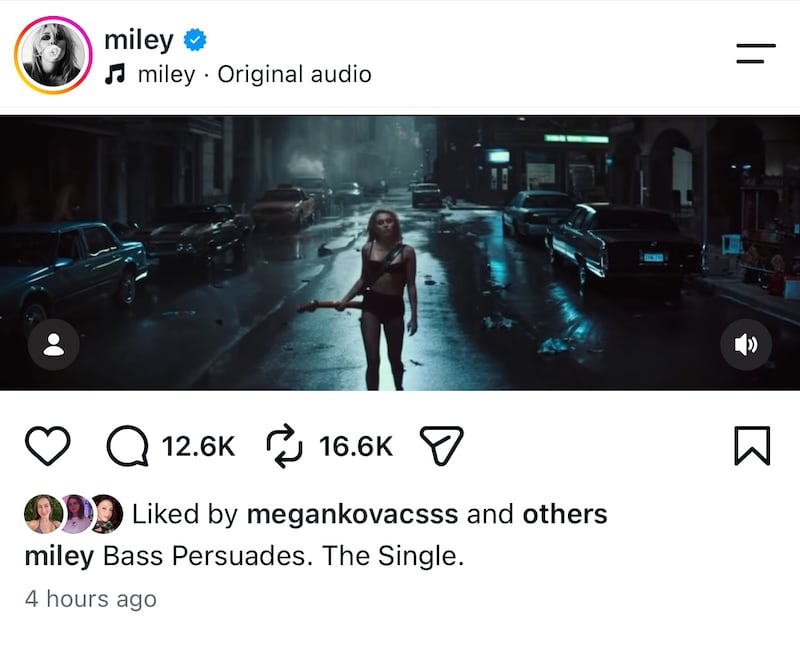 Miley dropped a teaser of her new single on Instagram from the studio album of the same name, "Bass Persuades."