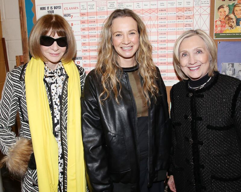 NEW YORK, NEW YORK - JANUARY 17: (EXCLUSIVE COVERAGE) (L-R) Anna Wintour, Playwright Bess Wohl and Hillary Clinton pose backstage at the new Bess Wohl play "Liberation" on Broadway at The James Earl Jones Theatre on January 17, 2026 in New York City.  (Photo by Bruce Glikas/WireImage)