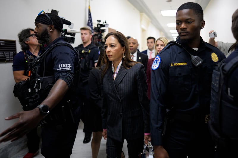 Assistant Attorney General for Civil Rights Harmeet Dhillon  arrives with former U.S. Attorney General Pam Bondi for a closed-door interview with the House Oversight Committee on Capitol Hill on May 29, 2026 in Washington, DC. Democrats accused the Justice Department of blocking Bondi from answering multiple questions.