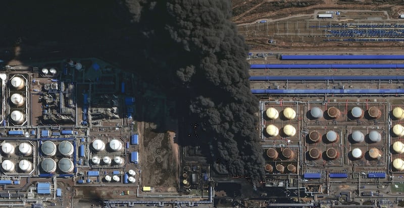 UST-LUGA OIL TERMINAL, NORTHERN RUSSIA -- MARCH 27, 2026: 02 -- Vantor satellite image shows multiple oil storage tanks on fire at the Ust-Luga oil terminal with thick dark smoke billowing eastward. Please use: Satellite image (c) 2026 Vantor.