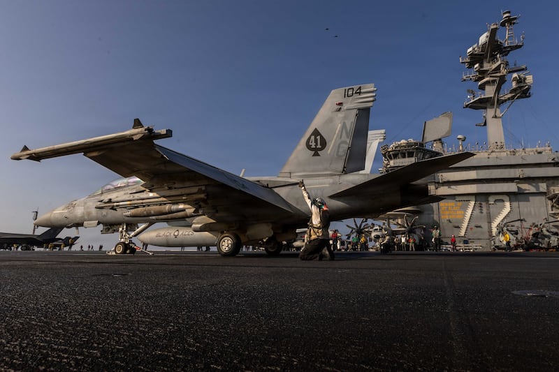 AT SEA - MARCH 04: (EDITOR’S NOTE: This Handout image was provided by a third-party organization and may not adhere to Getty Images’ editorial policy.) In this handout photo provided by the U.S. Navy, An F/A-18F Super Hornet, attached to Strike Fighter Squadron (VFA) 41, prepares to launch from the flight deck of Nimitz-class aircraft carrier USS Abraham Lincoln (CVN 72) of Operation Epic Fury on March 4, 2026 in the Mediterranean Sea. Abraham Lincoln is deployed to the U.S. 5th Fleet area of operations to support maritime security and stability in the Middle East. (Photo by U.S. Navy via Getty Images)