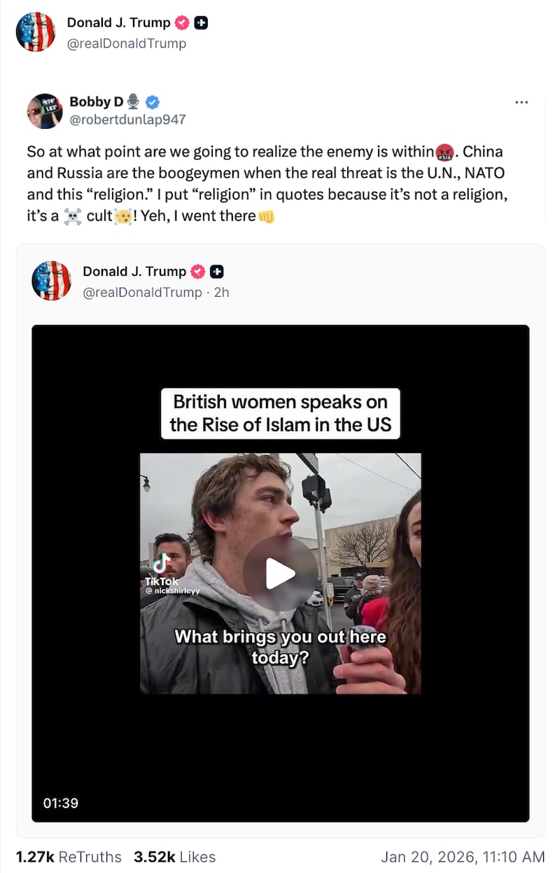 President Donald Trump shared a post that claimed the United Nations, NATO, and the “enemy within” are the United States’ adversaries—not China and Russia.