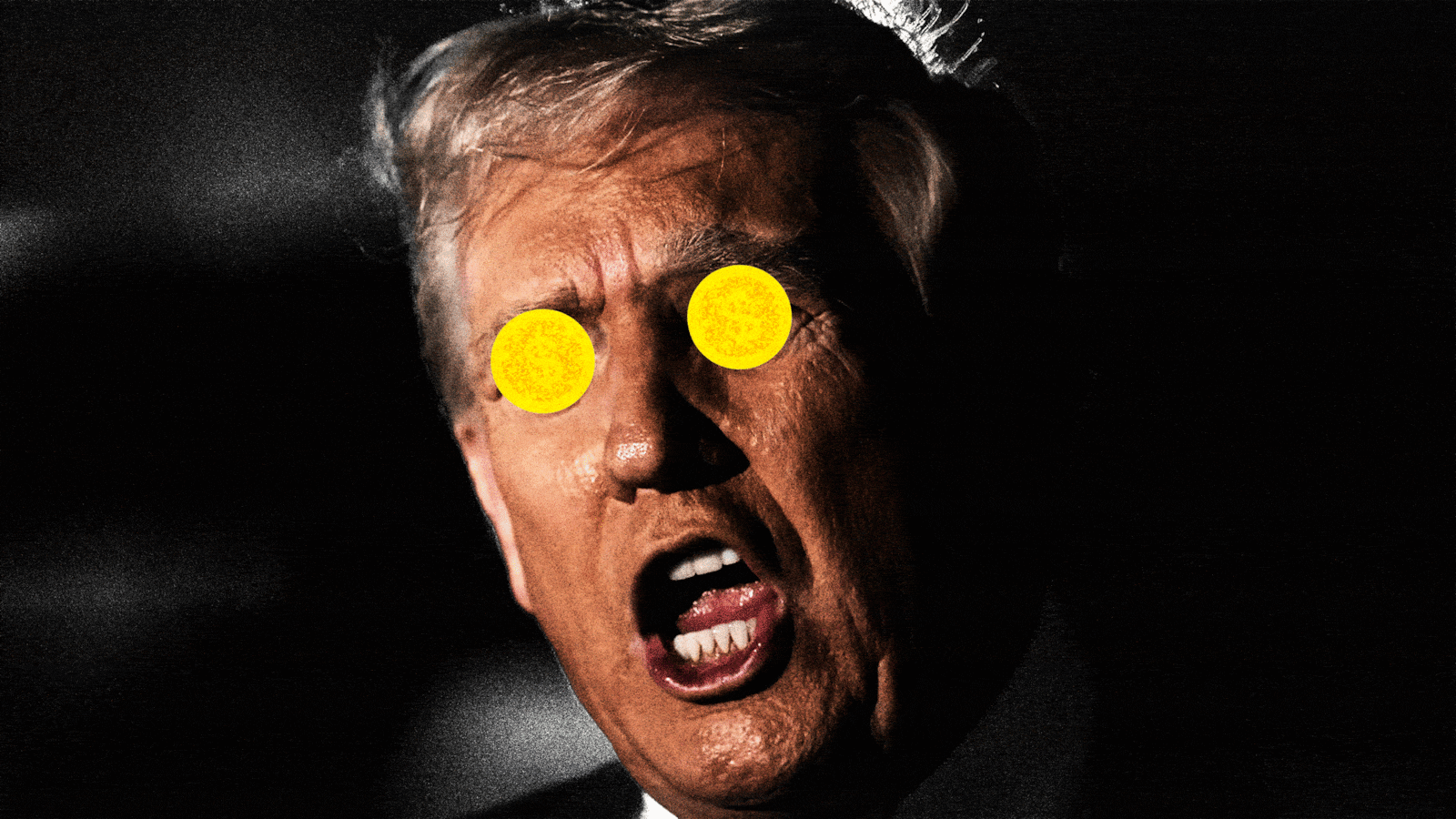 Donald Trump yelling with spinning coins over his eyes
