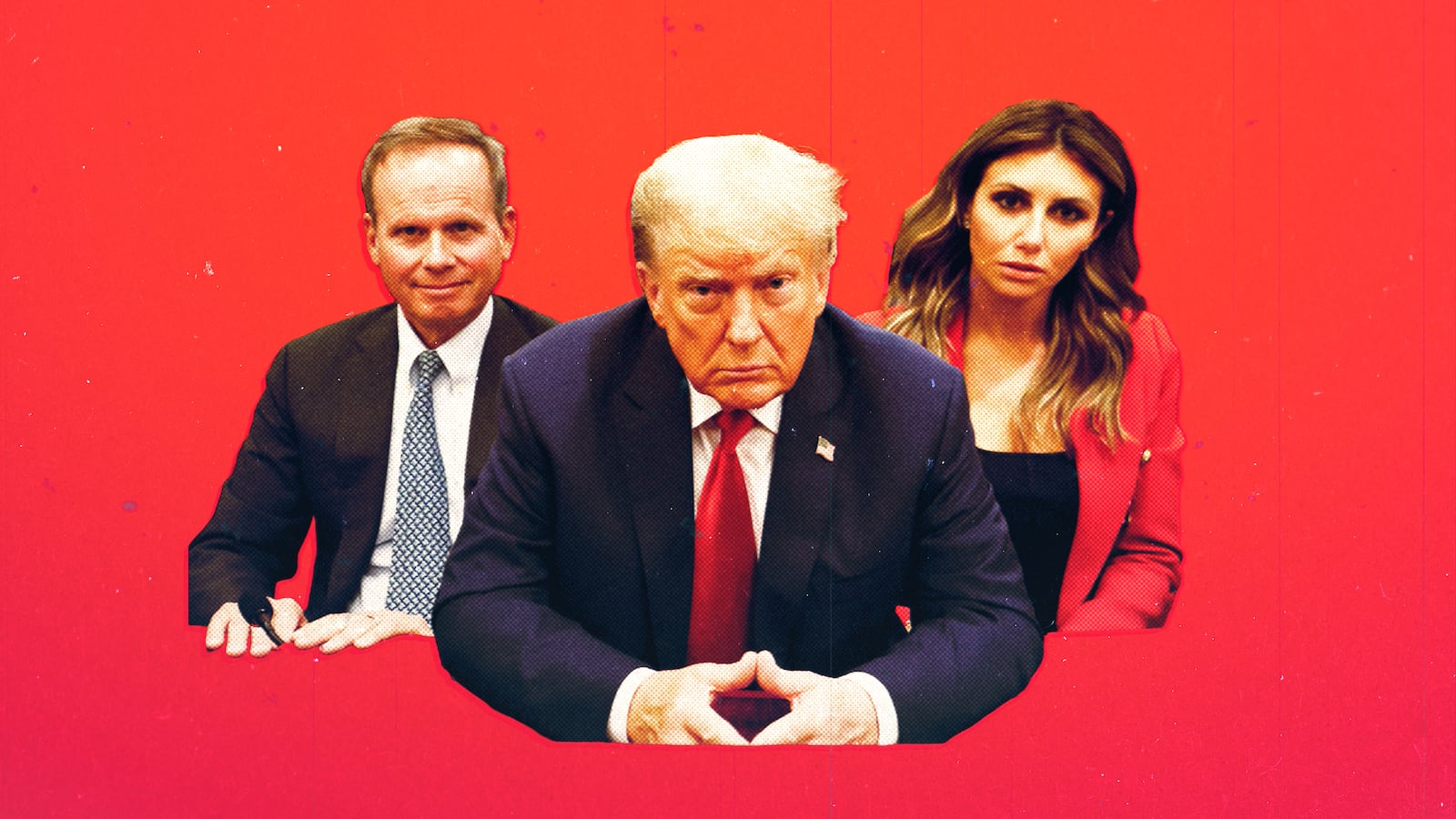 A photo illustration of former President Trump with lawyers.