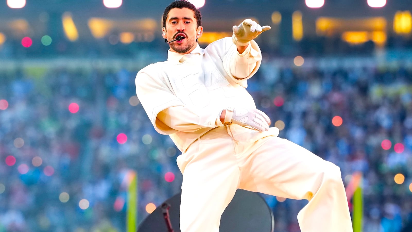 Bad Bunny performs during the Apple Music halftime show at the NFL Super Bowl LX football game between the Seattle Seahawks and New England Patriots at Levi Stadium on February 8, 2026 in Santa Clara, California.