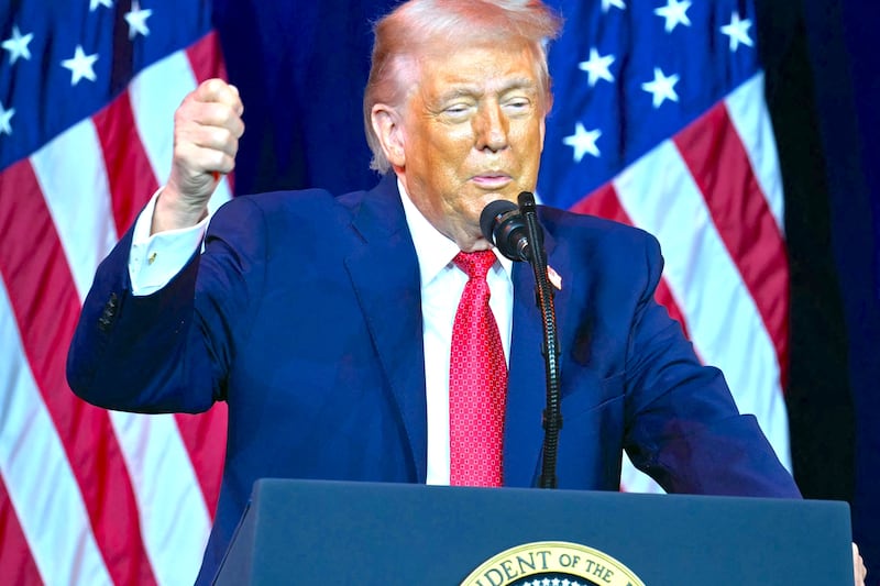 President Donald Trump speaks during the House Republican Party (GOP) member retreat at the Kennedy Center in Washington, DC, on January 6, 2026.