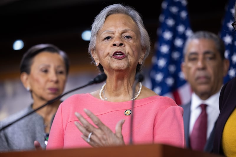 WASHINGTON, DC - JANUARY 14: Congresswoman Bonnie Watson Coleman (D-NJ) speaks at a press conference with other House Democrats on articles of impeachment against Homeland Security Secretary Kristi Noem, in Washington, DC on January 14, 2026. (Photo by Nathan Posner/Anadolu via Getty Images)