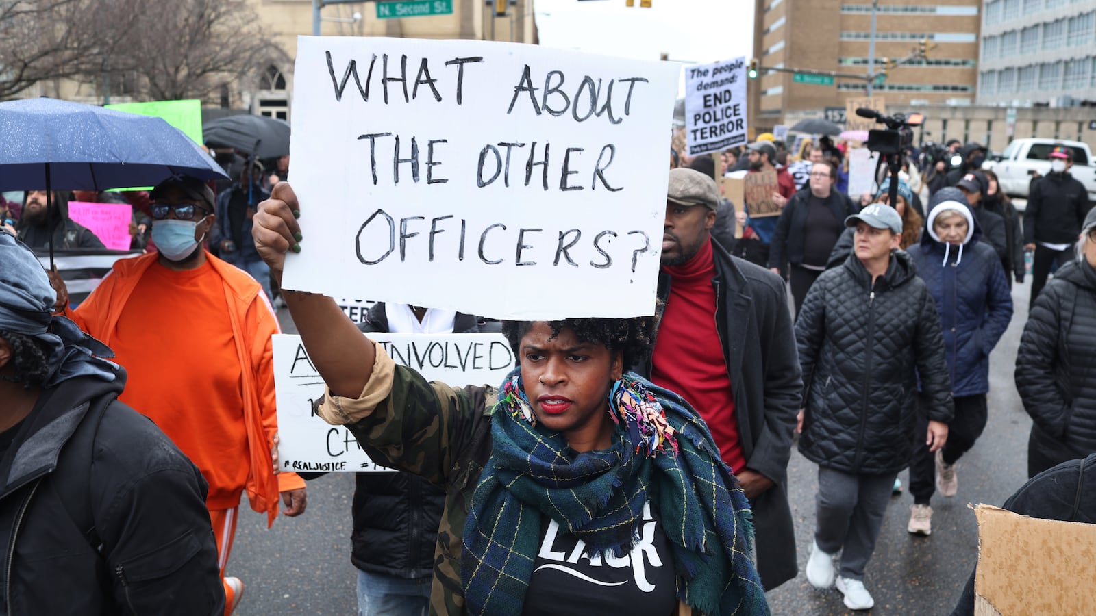 Demonstrators march through downtown protesting the death of Tyre Nichols in Memphis, Tennessee