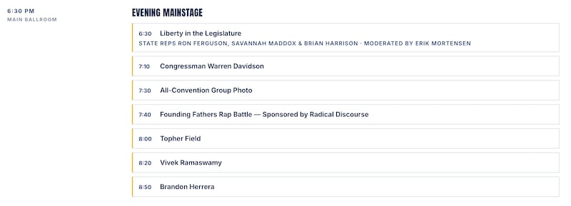 YAL's schedule for Wednesday showed Ramaswamy was due to talk for 30 minutes.
