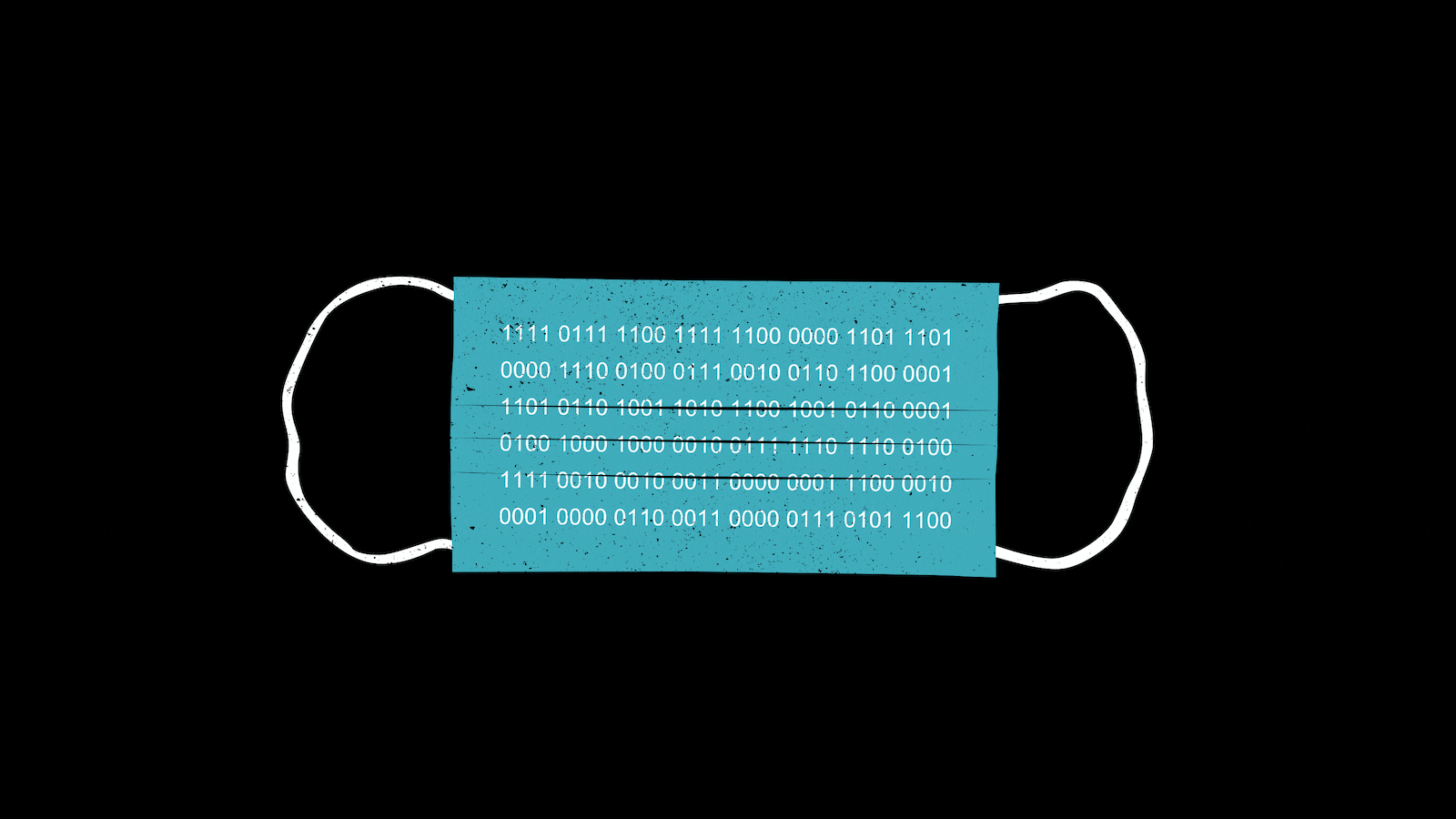 Illustrated gif of a face mask with moving binary code on top.