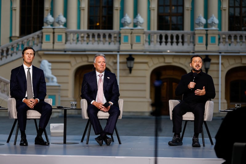 Ukraine's President Volodymyr Zelenskiy, U.S. President Donald Trump's son-in-law Jared Kushner and U.S. Special Envoy Steve Witkoff attend a press conference, amid Russia's attack on Ukraine, in Kyiv, Ukraine September 6, 2026.