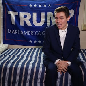 Conservative student and supporter of US President Donald Trump, Nick Fuentes, answers question during an interview with Agence France-Presse in Boston, Massachusetts, on May 9, 2017. US universities are often bastions of progressive Democrats, but Donald Trump's election has spurred a growing number of conservative students to step out of the shadows and become increasingly vocal. (Photo by William EDWARDS / AFP) / TO GO WITH AFP STORY BY Catherine TRIOMPHE-"Conservatives flex Trump-era might on US campuses" (Photo by WILLIAM EDWARDS/AFP via Getty Images)