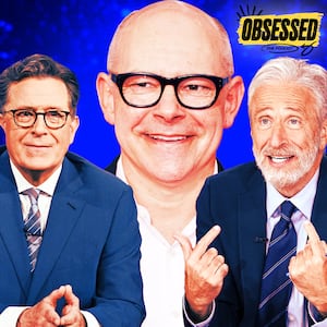 A photo illustration illo of Stephen Colbert, Rob Corddry, and Jon Stewart for the Obsessed podcast.