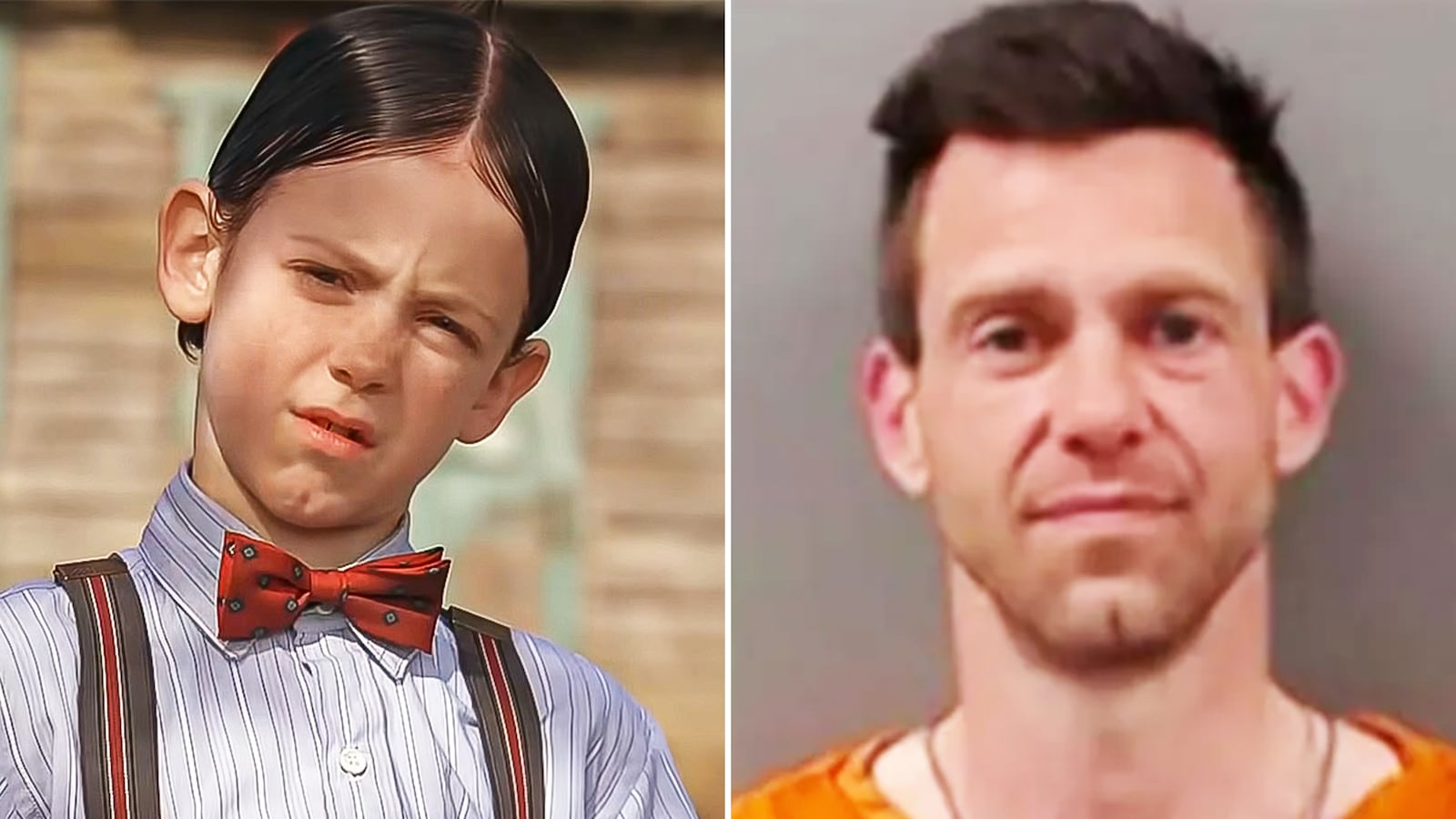 Brandon "Bug" Hall as Alfalfa in the Little Rascals and Hall's Bull Shoals Police Department mugshot.