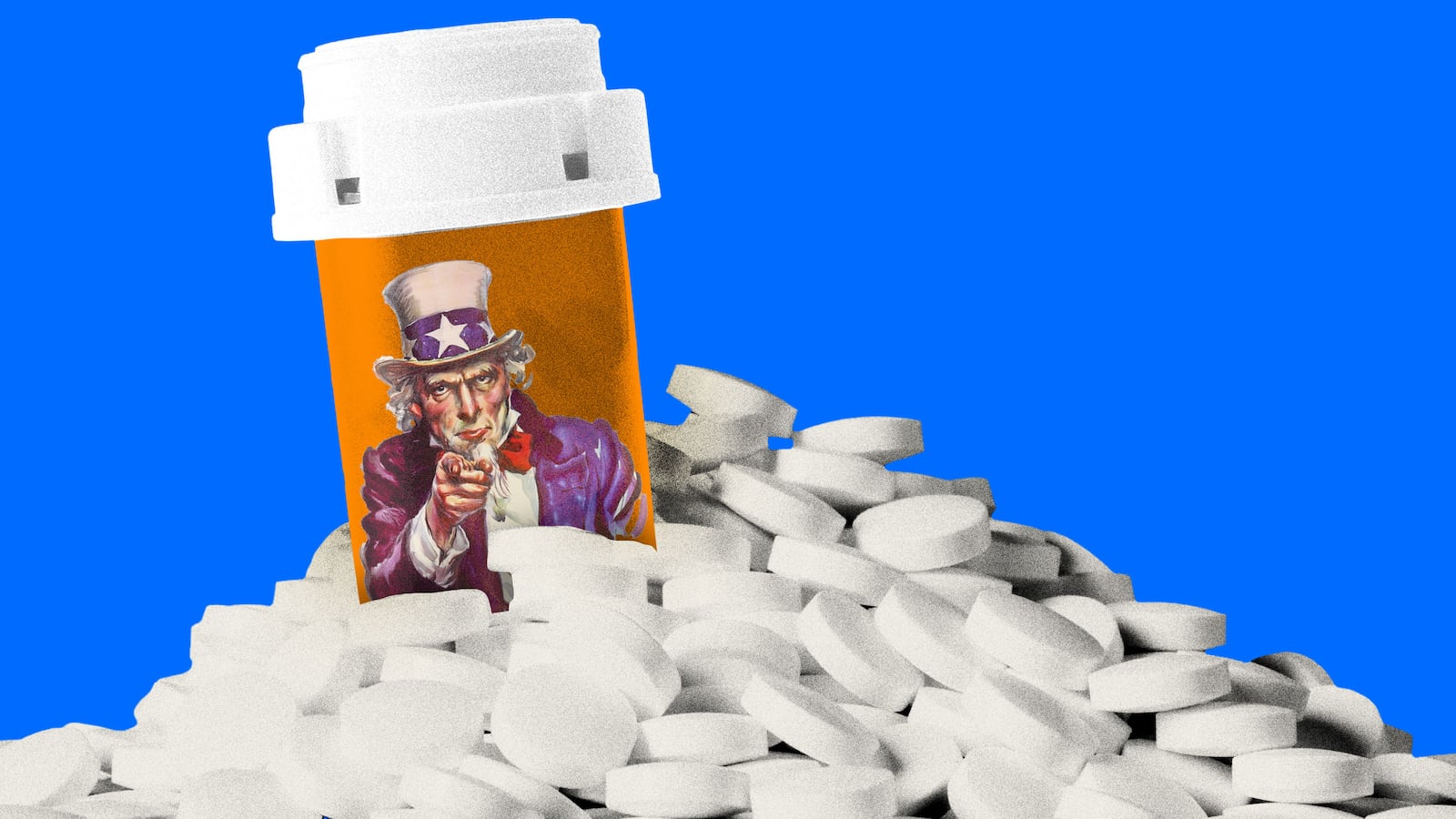 Pile of pills with an orange pill bottle with the Uncle Sam "I Want You" illustration on it