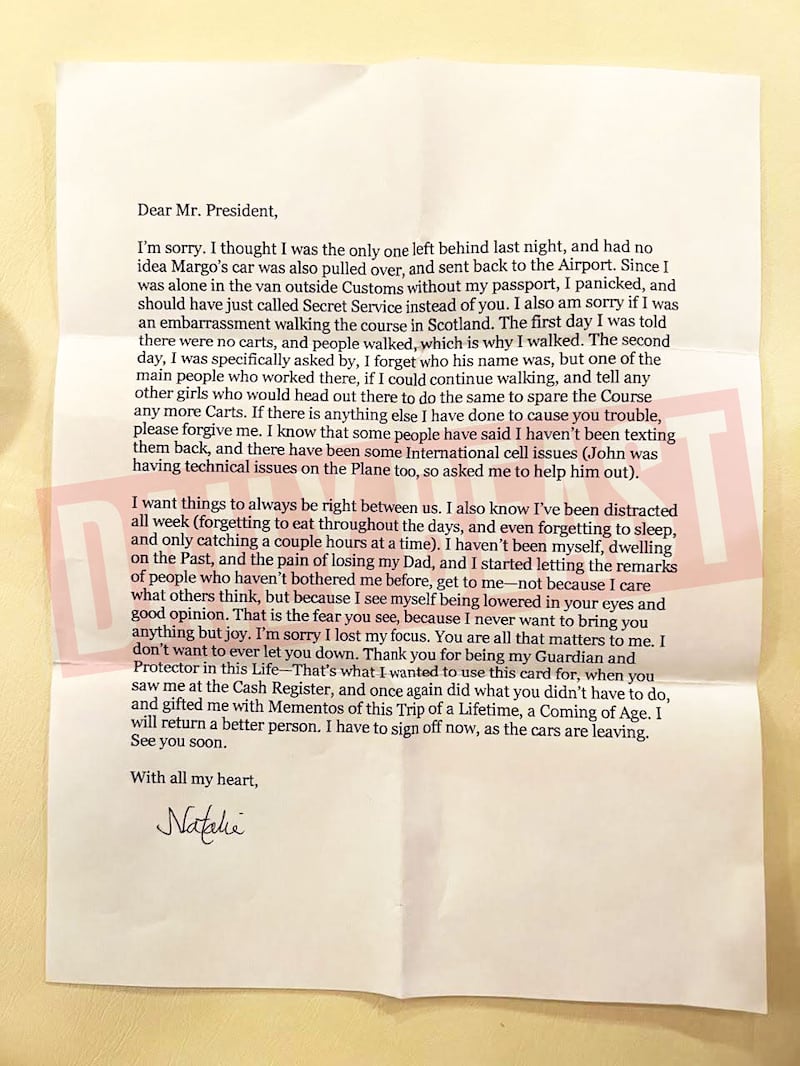Letter reportedly from Natalie Harp to Donald Trump
