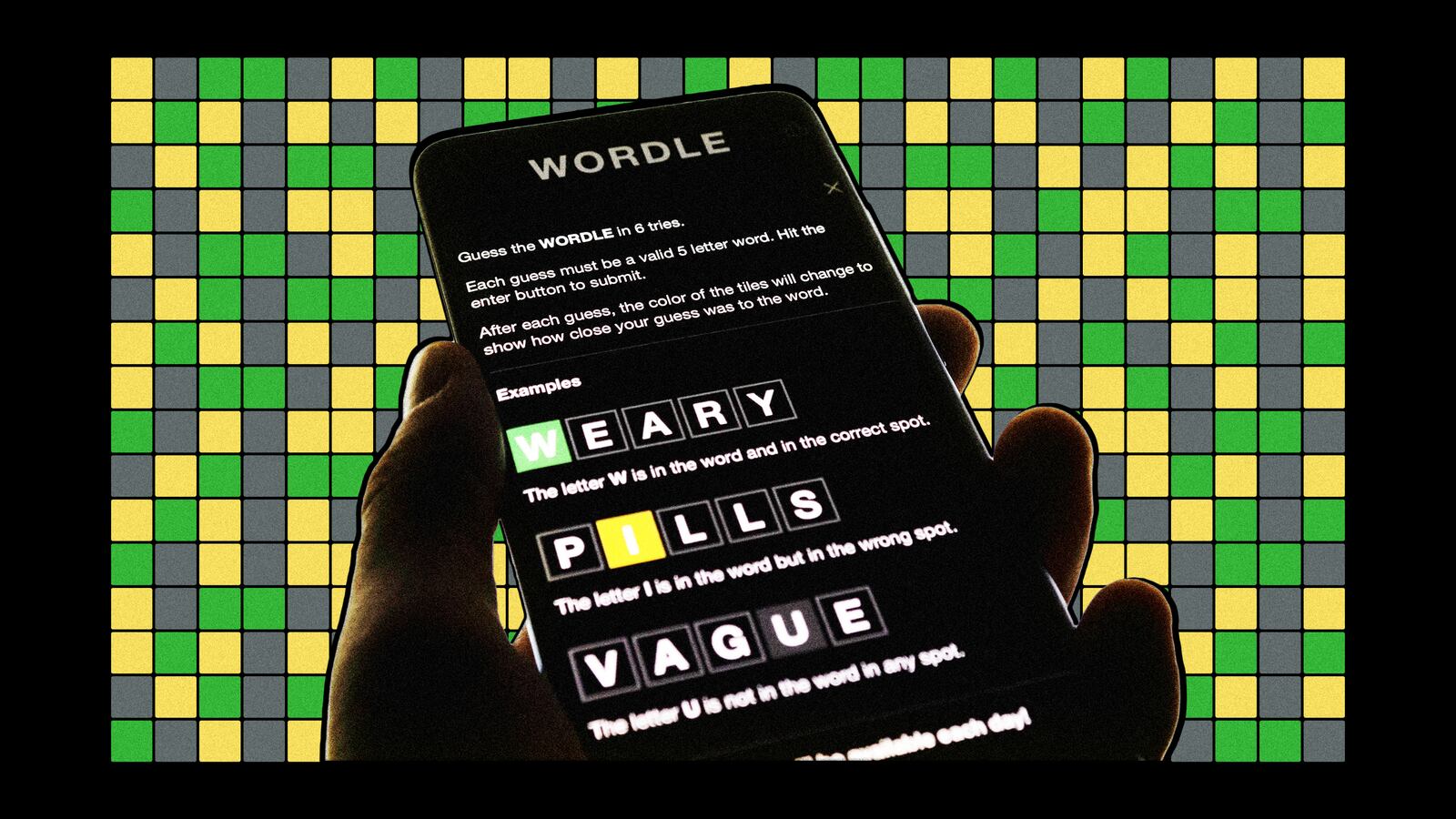 A photo illustration of a person holding a phone playing Wordle.