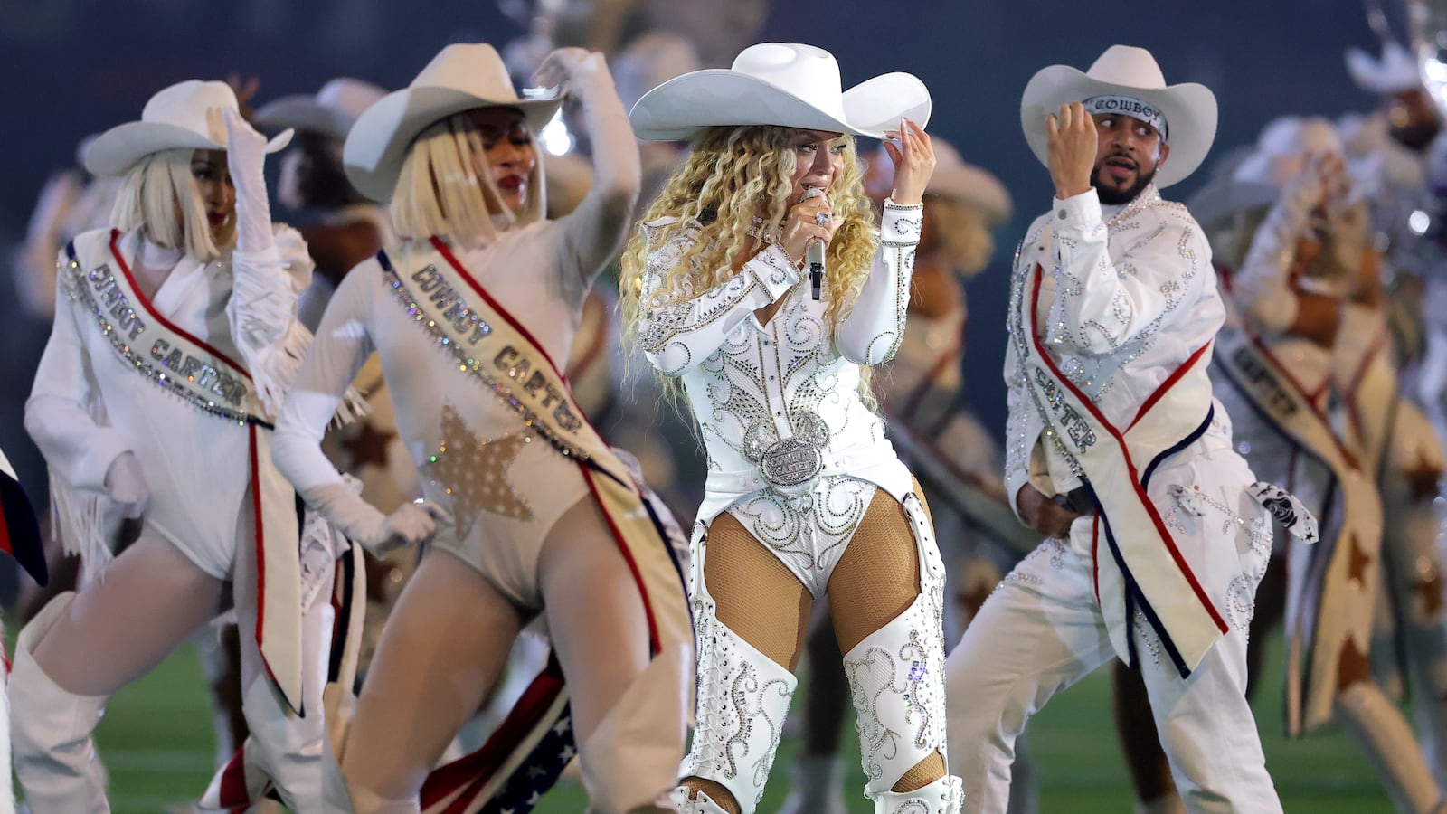 HOUSTON, TEXAS - DECEMBER 25: Beyoncé performs during the halftime show for the game between the Baltimore Ravens and the Houston Texans at NRG Stadium on December 25, 2024 in Houston, Texas. (Photo by Alex Slitz/Getty Images)