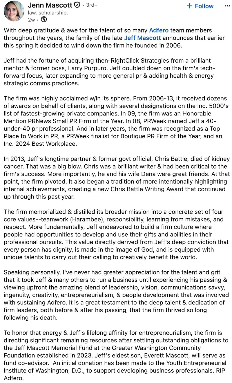 Jennifer Mascott's LinkedIn post