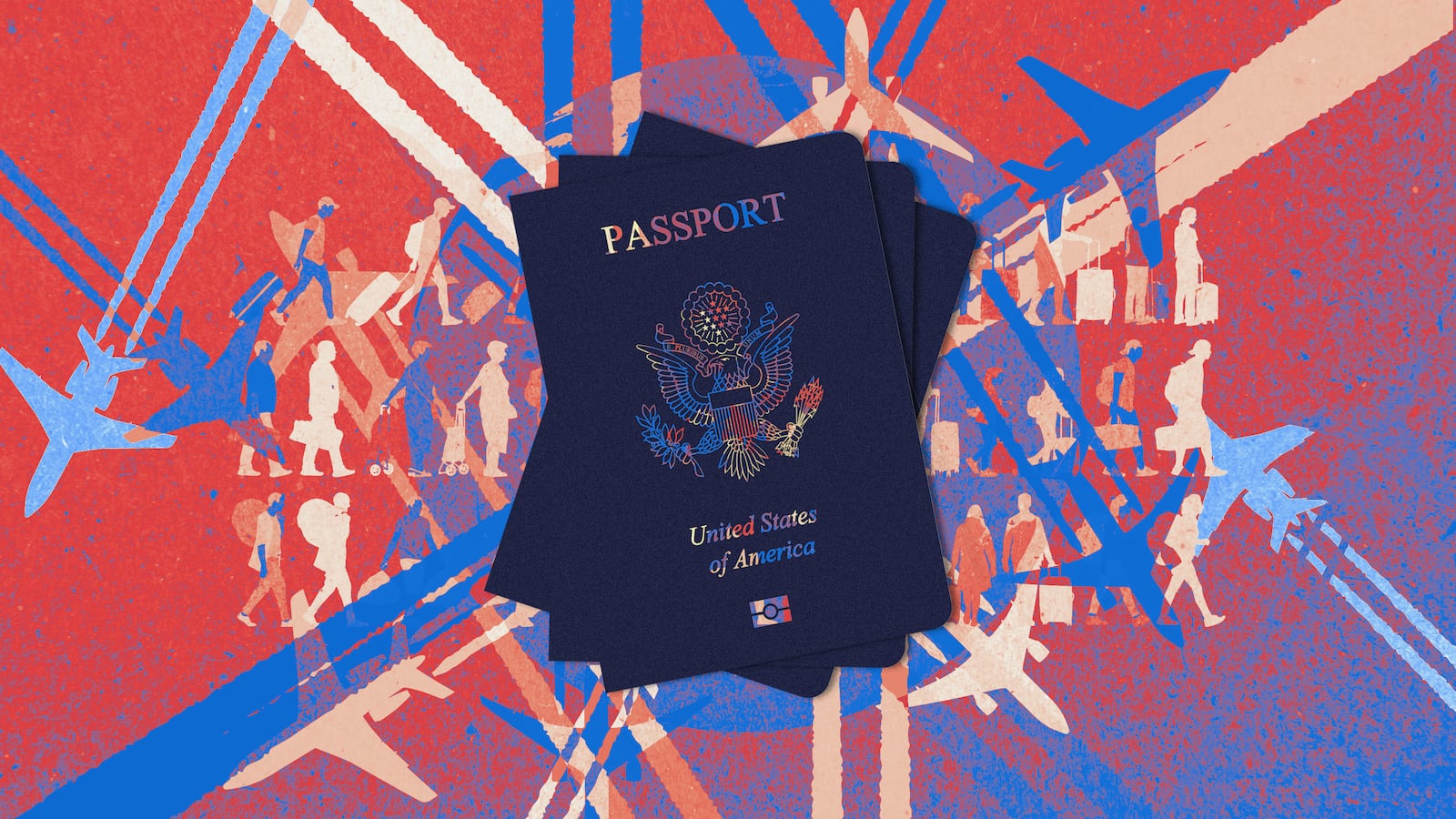 A photo illustration of planes, passengers, planet Earth, and a stack of American passports.