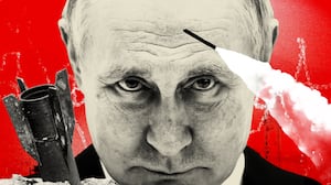 Vladimir Putin with missiles around him on a red background