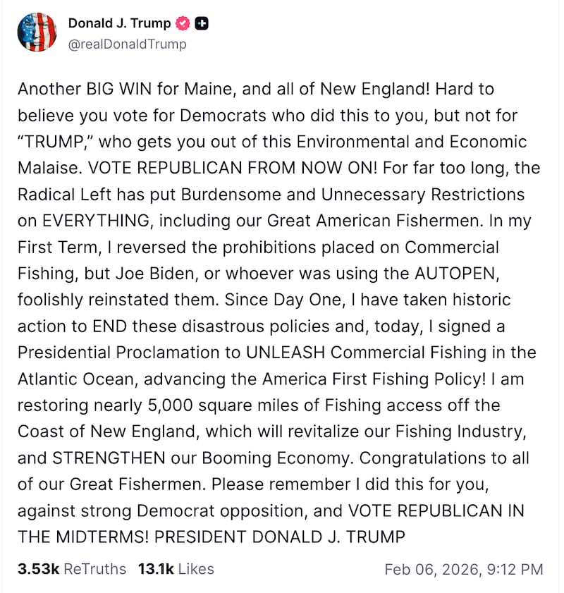 Trump Truth Social post on commercial fishing.