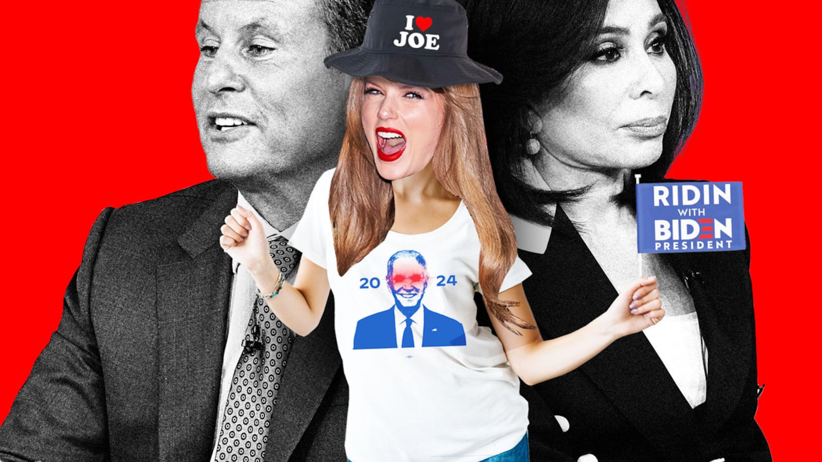 Illustration of Taylor Swift endorsing Joe Biden in front of Fox News hosts.