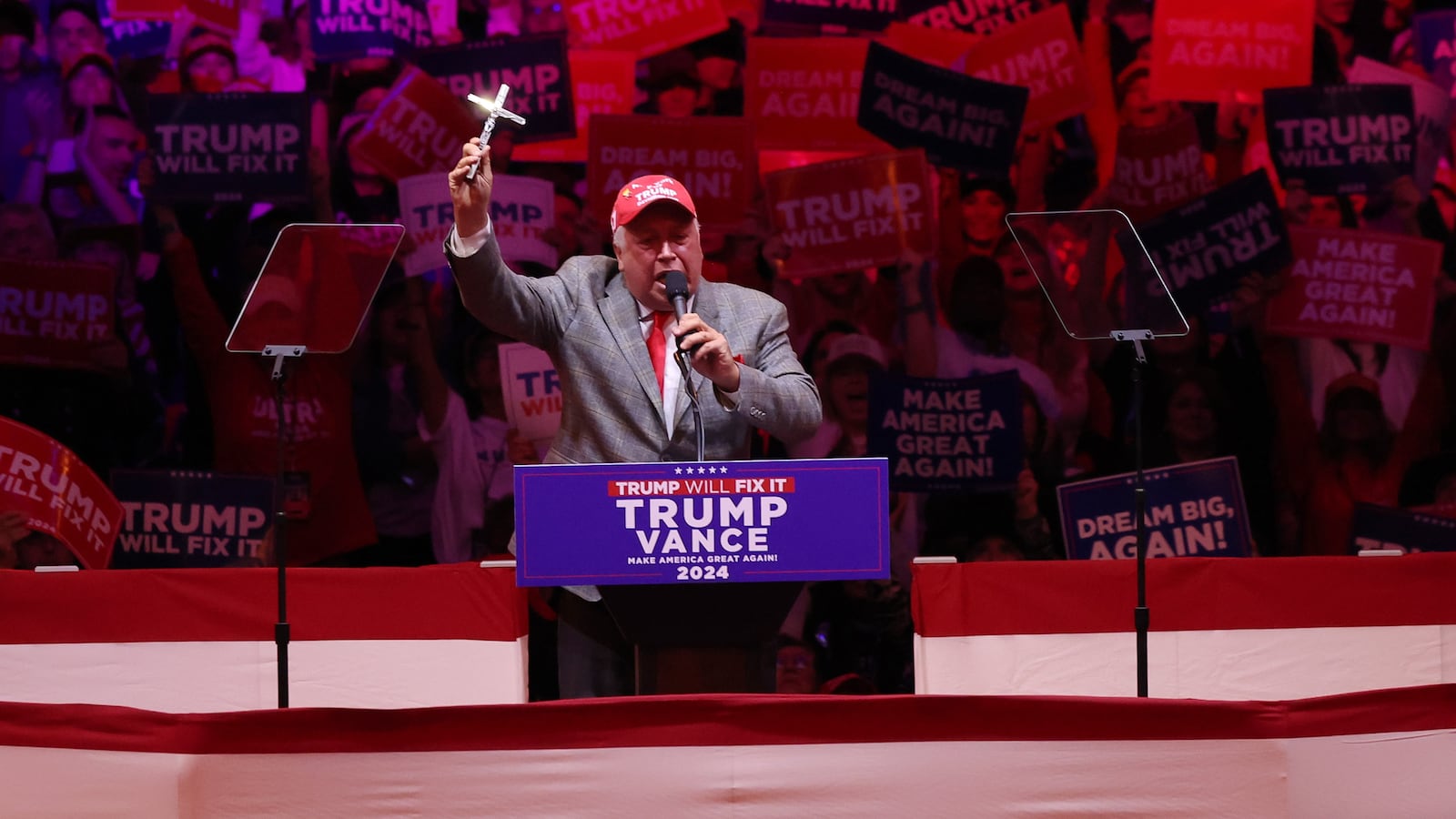 NEW YORK, NEW YORK - OCTOBER 27: David Rem, former candidate for U.S. Congress, speaks prior to Republican presidential nominee, former President Donald Trump taking the stage at a campaign rally at Madison Square Garden on October 27, 2024 in New York City. Trump closed out his weekend of campaigning in NYC with a guest list of speakers that includes his running mate Republican vice presidential nominee, Sen. J.D. Vance (R-OH), Tesla CEO Elon Musk, UFC CEO Dana White, and House Speaker Mike Johnson (R-LA), among others, nine days before Election Day. (Photo by Michael M. Santiago/Getty Images)
