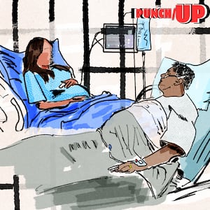 An illustration illo of a pregnant woman and man in a hospital setting for Punch Up Substack on Trump's ICE agents going after vulnerable hospital patients.