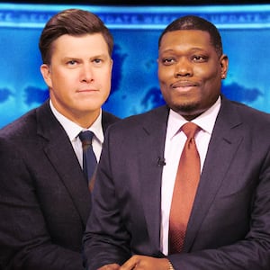 A photo illo illustration of Colin Jost and Michael Che on SNL's Weekend Update.