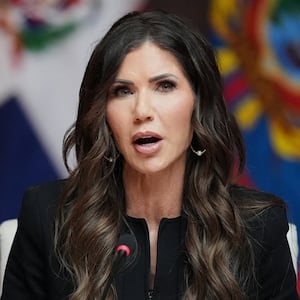 Kristi Noem delivers remarks at a working lunch at the Shield of the Americas Summit at Trump National Doral Miami, in Doral, Florida, U.S., March 7, 2026.