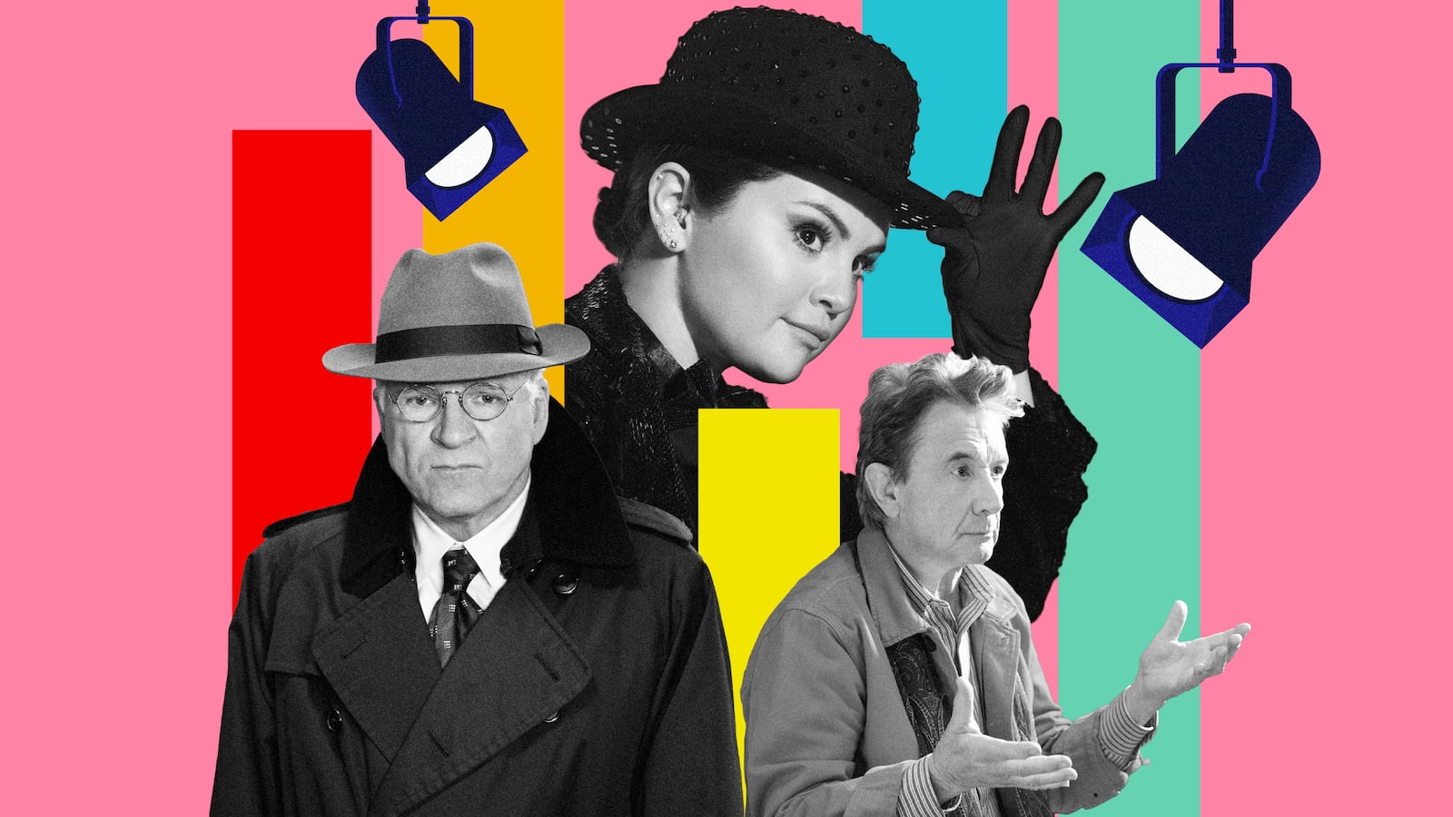 A photo illustration of Steve Martin, Selena Gomez, and Martin Short in Only Murders in the Building season 3.