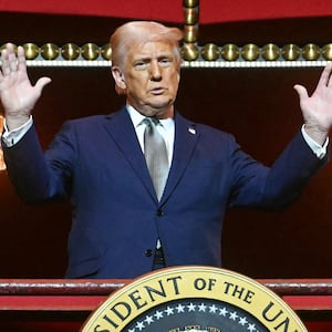 US President Donald Trump stands in the presidential box as he tours the John F. Kennedy Center for the Performing Arts in Washington, DC.