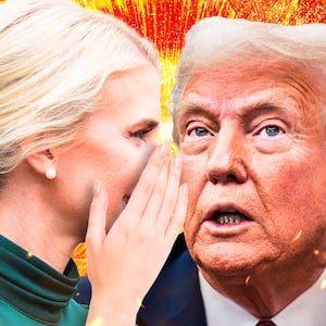 A photo illustration of Natalie Harp and Donald Trump.