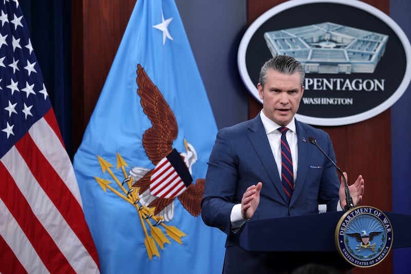 Secretary of War Pete Hegseth speaks during a news conference at the Pentagon on March 2, 2026 in Arlington, Virginia. Secretary Hegseth and Chairman of the Joint Chiefs of Staff General Dan Caine held the news conference to give an update on Operation Epic Fury. (Photo by Alex Wong/Getty Images)
