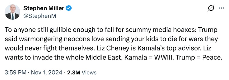 Stephen Miller’s claim that electing Trump would lead to “peace” has been blown up by the war on Iran.