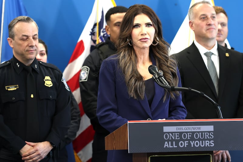 U.S. Secretary of Homeland Security Kristi Noem speaks during a press conference