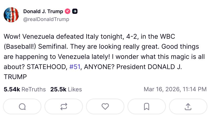 Trump wrote about statehood on X after Venezuela's WBC semifinal victory.