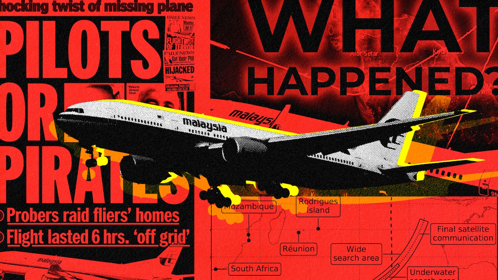 A photo illustration of a Malaysia Airlines plane in front of sensationalist headlines about the disappearance of flight MH370
